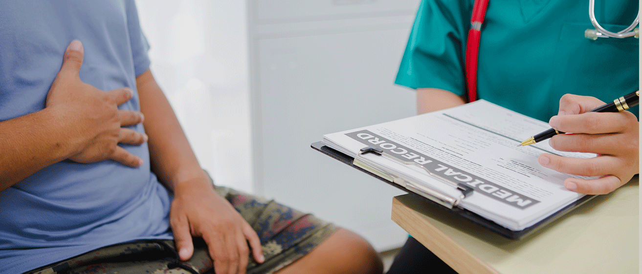 A patient receiving a consultation for a hernia